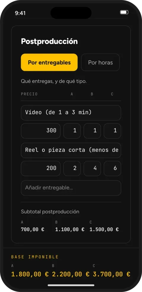 La Calculadora .RAW en el móvil: la postproducción por entregables, con tres opciones de precio y la base imponible de cada una.