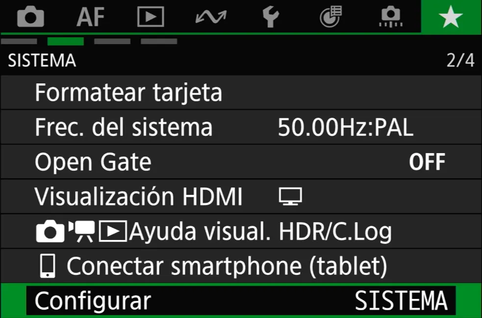 Pestaña 2 del menú de favoritos: Sistema